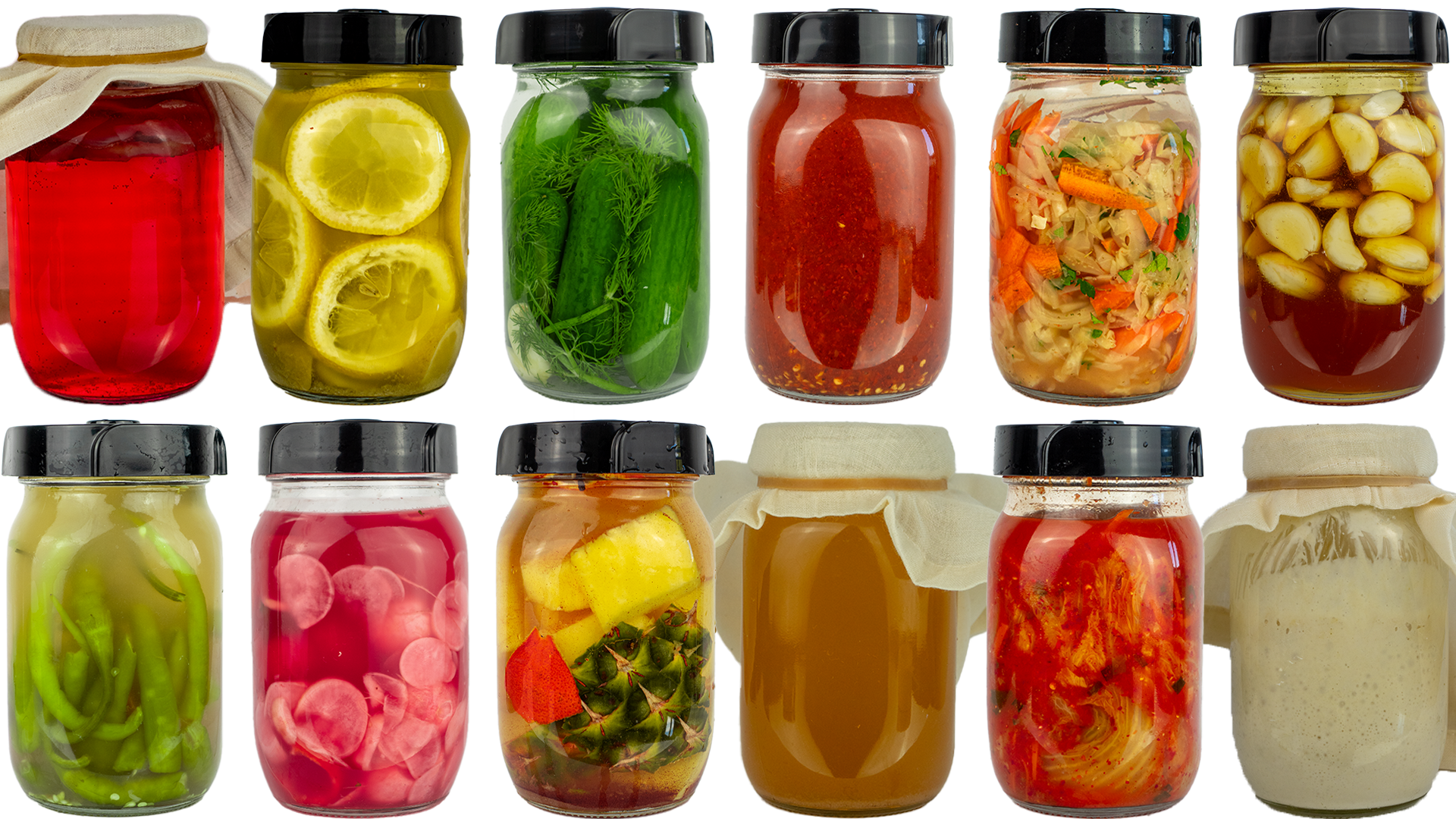 Kombucha, Salzzitronen, Dillgurken, Hotsauce, Sauerkraut, Knoblauchhonig, Laktopeperoni, Laktoradieschen, Tepaché, Bananenessig, Kimchi, Sauerteig